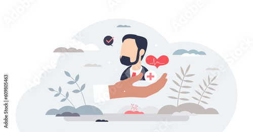 Patient safety and insurance coverage with medical care tiny person concept, transparent background. Health protection with effective diagnosis and checkups support illustration.