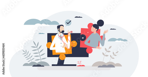 Patient engagement and customer loyalty to medical clinic tiny person concept, transparent background. Healthcare service with good feedback and quality as positive chance.