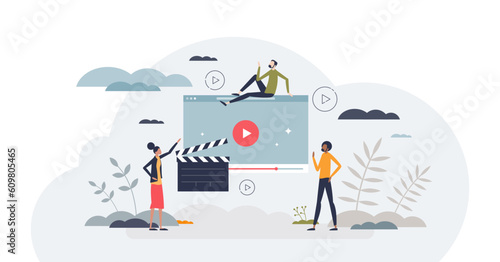 Streaming services with cinema or movie playing website tiny person concept, transparent background. Digital media broadcasting player with live entertainment content illustration.