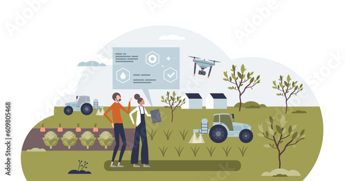 Precision farming with smart and effective agriculture tiny person concept, transparent background. Modern soil humidity and nutrition control for gardening illustration.