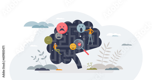 Understanding mental health and ability to read emotions tiny person concept, transparent background. Psychologist therapy or session for depression, anxiety or mind problems solving illustration.