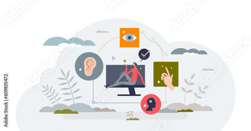 Web accessibility and assistance for disabled users tiny person concept, transparent background. Deaf or blind patient easy browser or website usage illustration. Online site development.