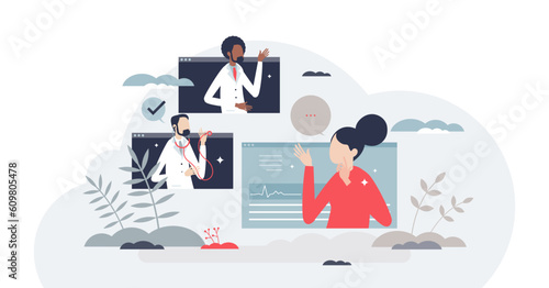 Patient centered care with precise patient communication tiny person concept, transparent background. Quality treatment and health support from hospital doctors illustration.