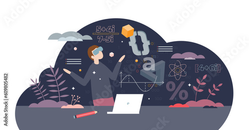 VR in education as virtual reality usage for learning tiny person concept, transparent background. Visual experience with smart headset device for children illustration. Study in school.