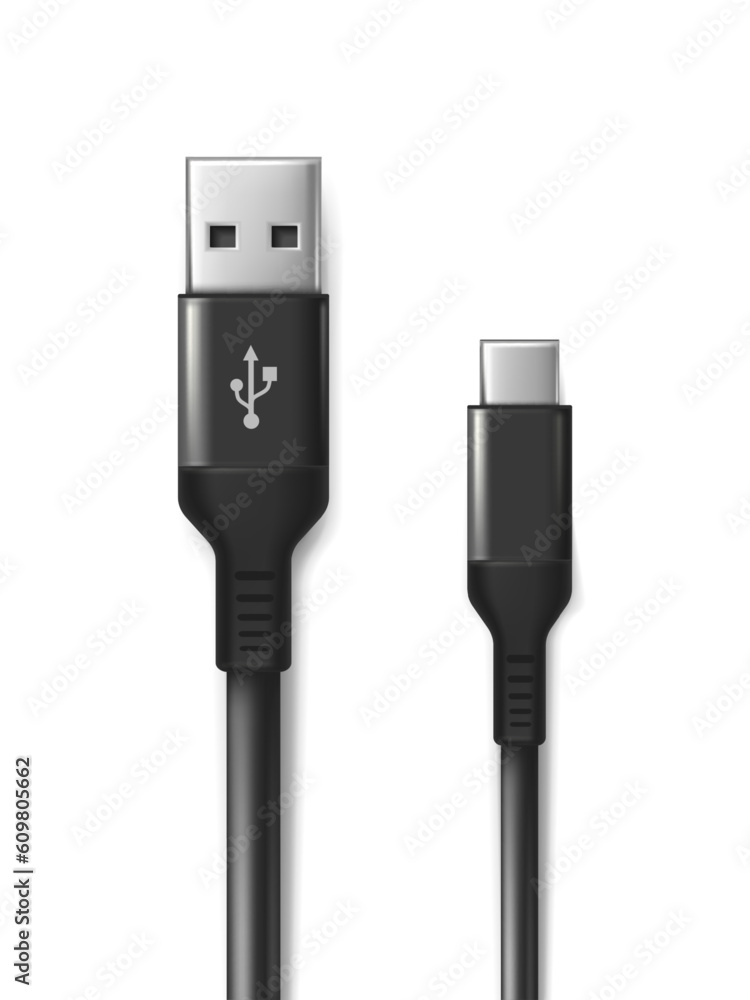 3d realistic vector icon. Black USB cabel. Isolated on white background. 3d realistic vector icon. Black USB cabel. Isolated on white background.