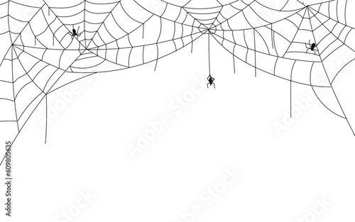Halloween spider web border, spooky cobwebs with hanging spiders