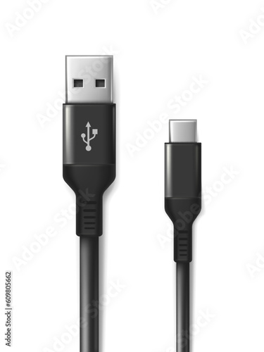 3d realistic vector icon. Black USB cabel. Isolated on white background.