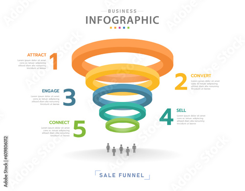 Infographic template for business. 5 Level Modern Circle Sales funnel diagram, presentation vector infographic.