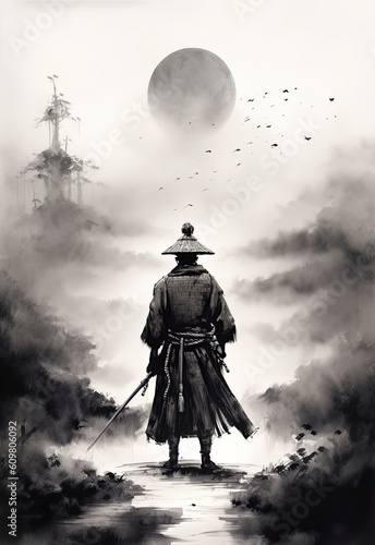 A lone samurai standing against the storm - ink wash illustration created using generative AI tools