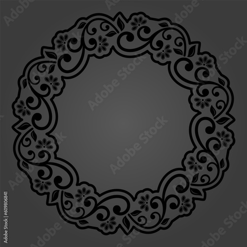 Oriental vector round frame with arabesques and floral elements. Floral round dark border with vintage pattern