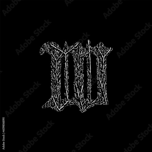 letter W branches hand drawing vector isolated on black background. © tya studio