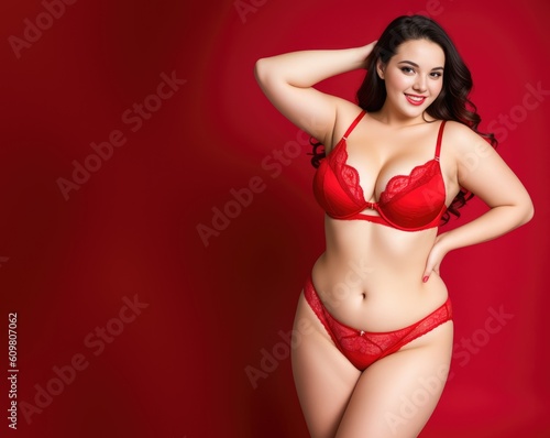 Plus size fashion model in red underwear. Fat sexy woman in lingerie on red background. Body positive concept. Generative AI