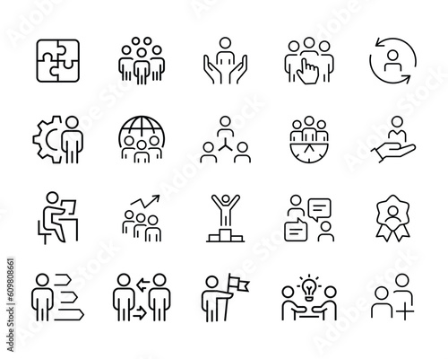 Team Work Icons.Collaboration, Research, Meeting business, working, management Business people, human resources, Employees icon vector symbol logo illustration line editable stroke isolated on white