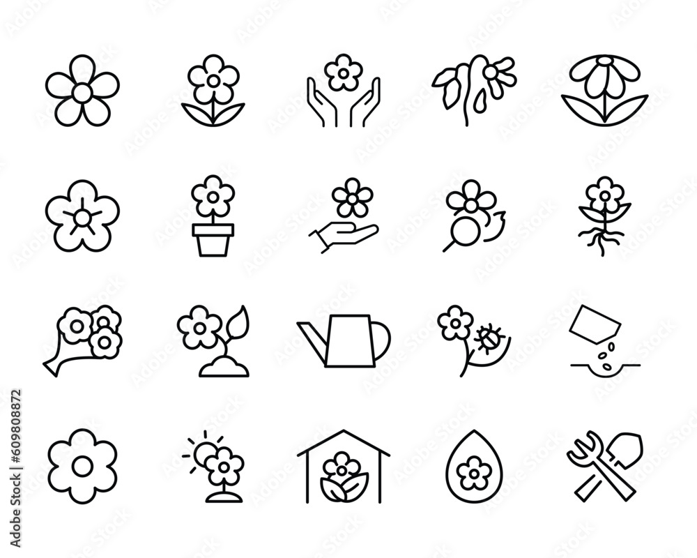 Fototapeta premium floral wreath Flower icon set collection nature, bouquets, flowers, bloom icons vector symbol logo illustration line editable stroke outline