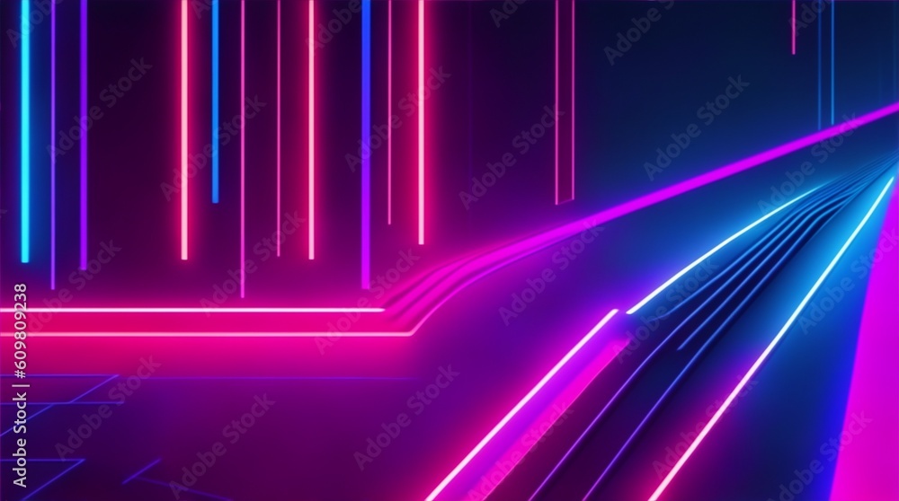 Fototapeta premium 3D render Abstract futuristic neon background, glowing lines in the dark in a room, wallpaper, cyberspace, neon lights