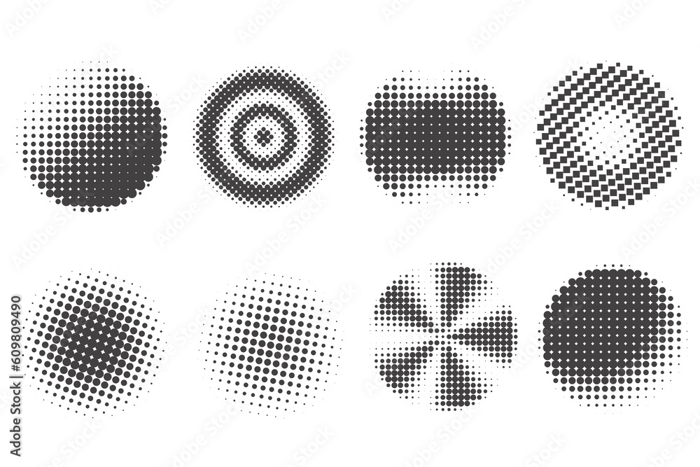 Circle dots with halftone pattern. Round gradient background. Elements with gradation points texture. Abstract geometric shapes. Vector set