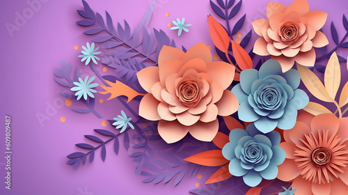 Paper cut flowers and leaves spring background Generative AI © Aura