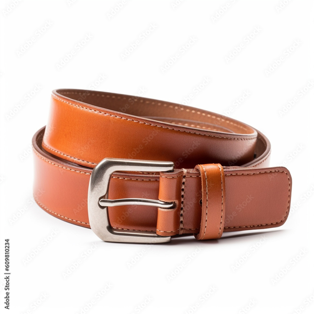 Men's leather belt isolated on white background. Made from animal skin that has been treated and sewn well. Plate strap head made of metal with a classic design. Men's leather belt isolated on white background. Made from animal skin that has been treated and sewn well. Plate strap head made of metal with a classic design.