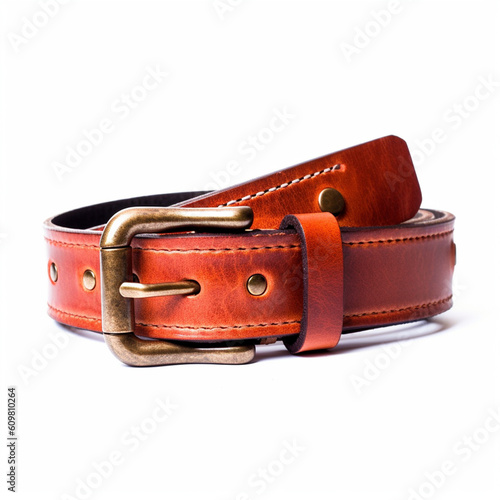 Men's leather belt isolated on white background. Made from animal skin that has been treated and sewn well. Plate strap head made of metal with a classic design.