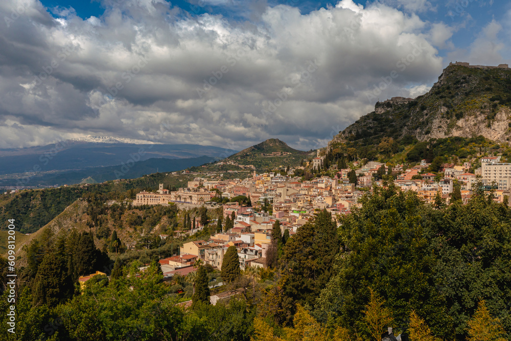 view of the  taormina city of the mountains