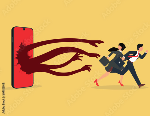 Business men and women running away from mobile phone. Dangers of mobile phones and social media