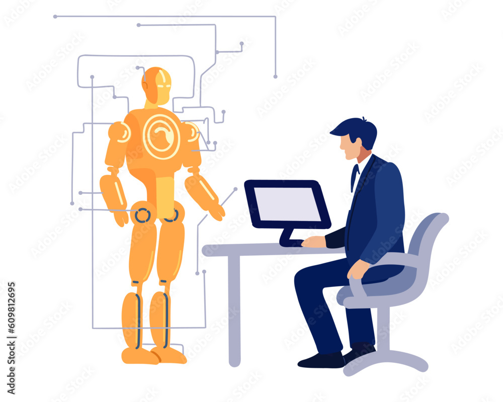 Male engineer sitting at the computer and robot man on a white background, vector illustration