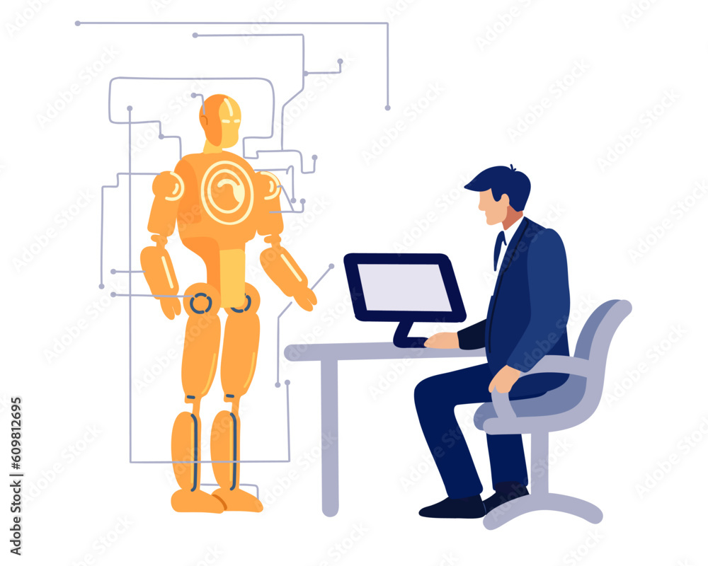 Male engineer sitting at the computer and robot man on a white background, vector illustration Male engineer sitting at the computer and robot man on a white background, vector illustration