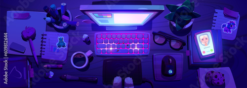 Top view of freelance designers workplace at night. Vector cartoon illustration of desktop computer, drawing tablet and stylus, smartphone, eyeglasses, pencils, notebook, coffee and cookies on table