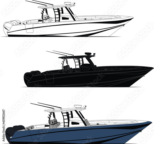 Vector, line art and color image of fishing boat on a white background.
