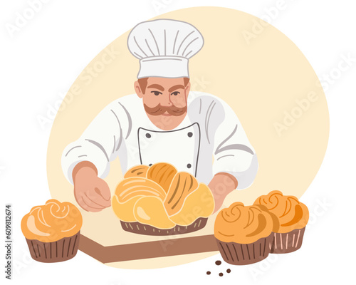 Happy bearded chef or confectioner baker with pastries, vector illustration