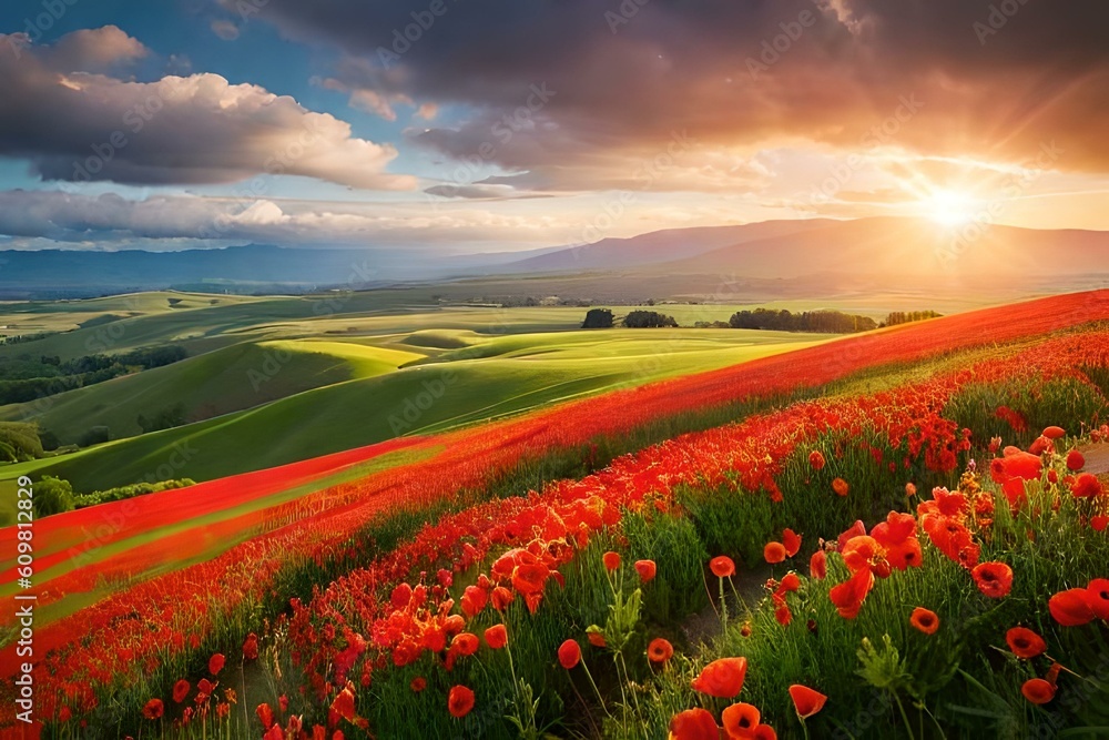 Dramatic sunset over a vast field of red poppy flowers, created with Generative AI
