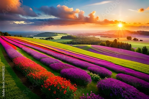 Dramatic sunset over a vast field of colorful flowers, created with Generative AI