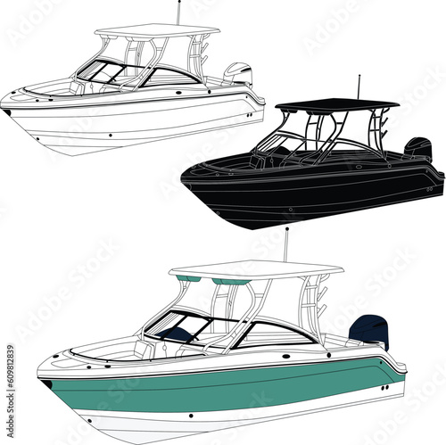 Vector, line art and color image of fishing boat on a white background.