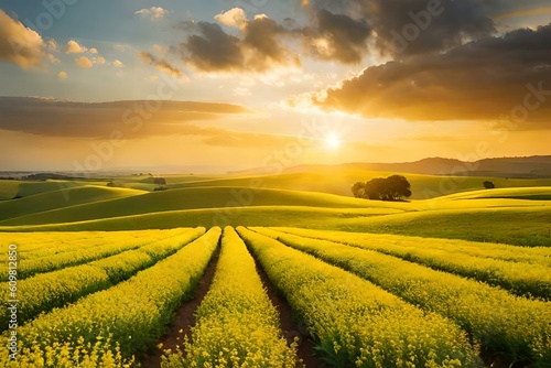 Dramatic sunset over a field of mustard flowers, created with Generative AI