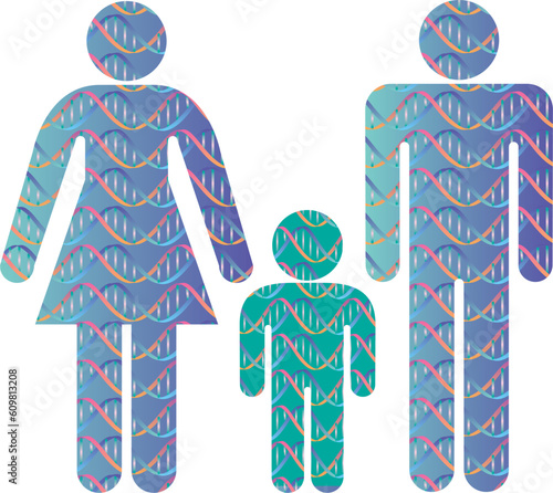 親子シルエットの中の二重螺旋構造パターン
