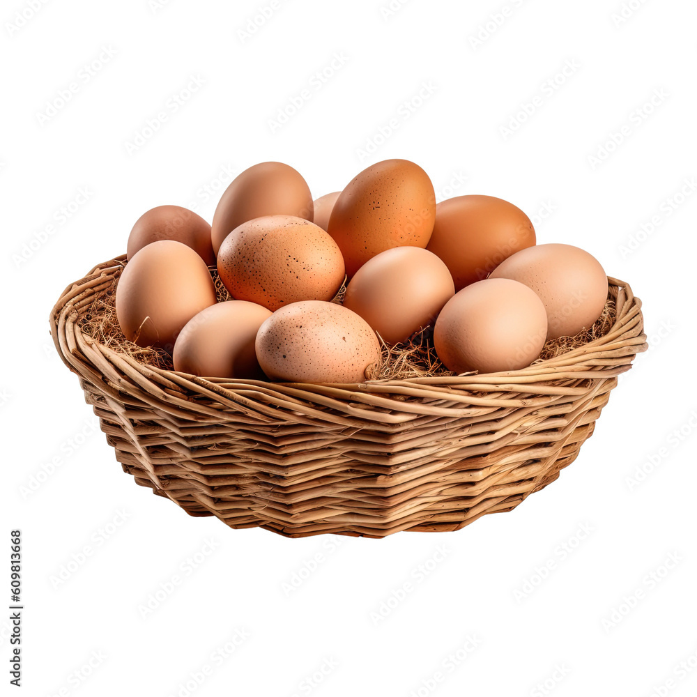 Eggs in basket isolated on transparent background. Created with Generative AI Technology Eggs in basket isolated on transparent background. Created with Generative AI Technology