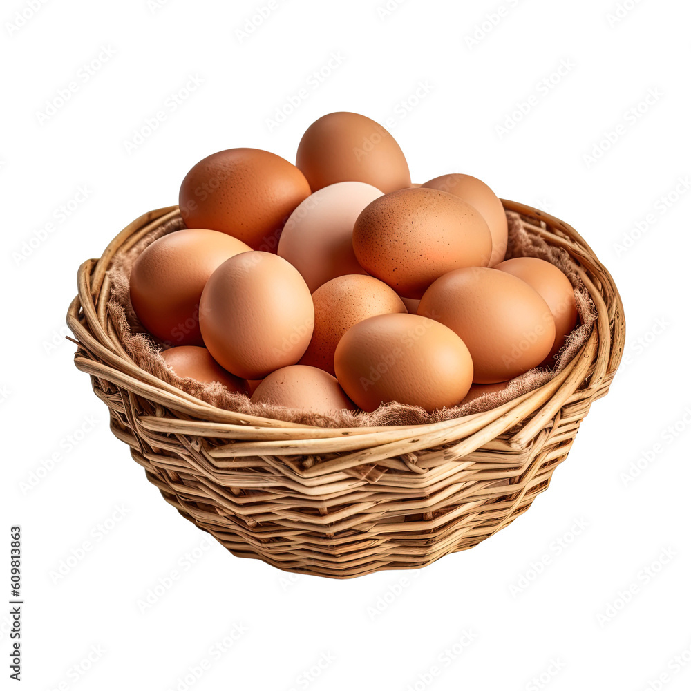 Eggs in basket isolated on transparent background. Created with Generative AI Technology Eggs in basket isolated on transparent background. Created with Generative AI Technology