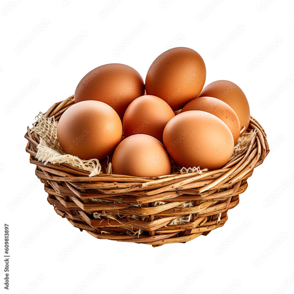 Eggs in basket isolated on transparent background. Created with Generative AI Technology Eggs in basket isolated on transparent background. Created with Generative AI Technology
