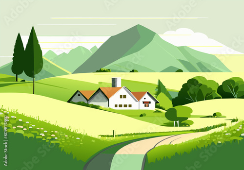 Beautiful mountain landscape with green hills bright sky meadow and big tree in the morning. Vector illustation