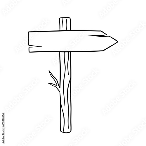 Outline Sketch wooden road sign arrow. Hand drawn doodle vector illustration isolated on white
