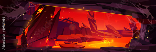 Volcano lava hell rock cave view fantasy game cartoon background. mysterious and dangerous flowing molten hot magma level adventure design. Ground crack with liquid fire river flow terrain surface.