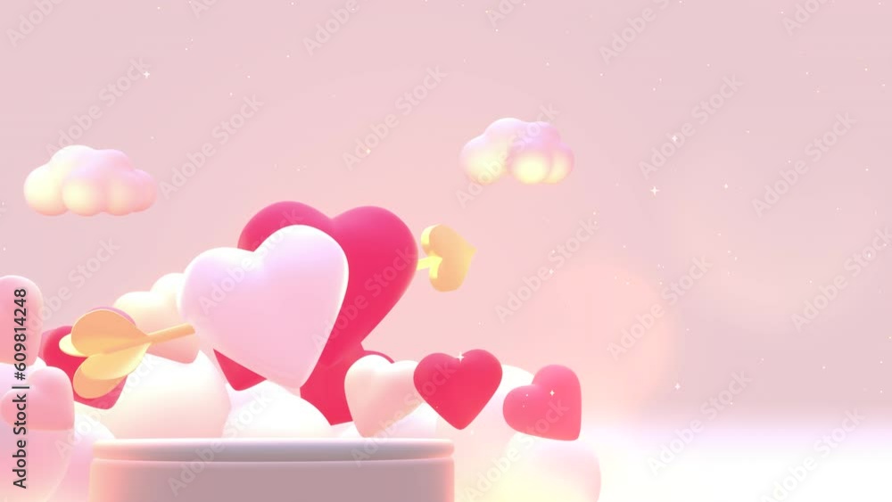 Looped hearts with a golden arrow floating on a podium with empty space ...