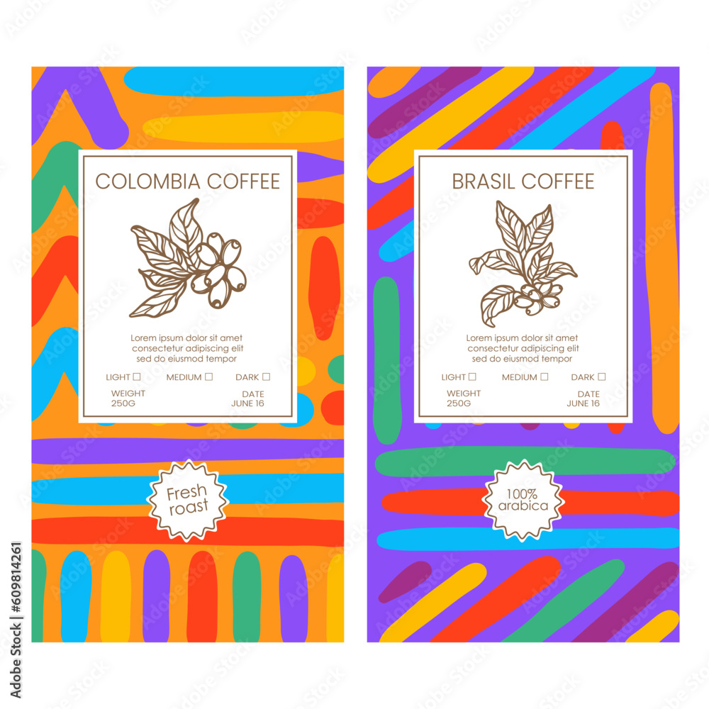 COFFEE PACKAGING BRIGHT LINES Abstract Simple Style Vintage Colorful Figures Doodle In Organic With Hand Drawn Coffee Beans On Labels Vector Template Set