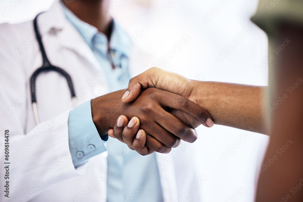 Handshake, welcome and a doctor meeting a patient in the hospital for healthcare, insurance or medical treatment. Medicine, trust or thank you with a health professional shaking hands in a clinic Handshake, welcome and a doctor meeting a patient in the hospital for healthcare, insurance or medical treatment. Medicine, trust or thank you with a health professional shaking hands in a clinic