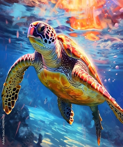 Turtle swimms Underwater in Multicolor Style