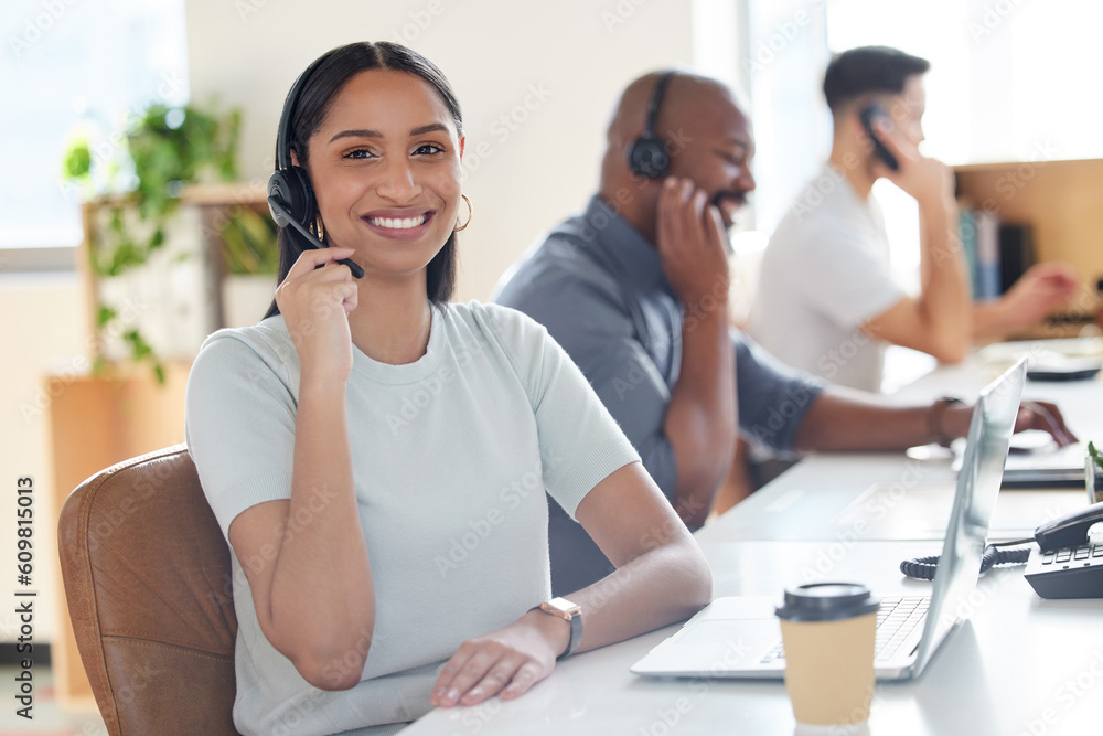 Smile, call center and woman with headset for customer service, support or telemarketing. Happy Indian person, agent or consultant coworking portrait for sales, crm and help desk or contact us