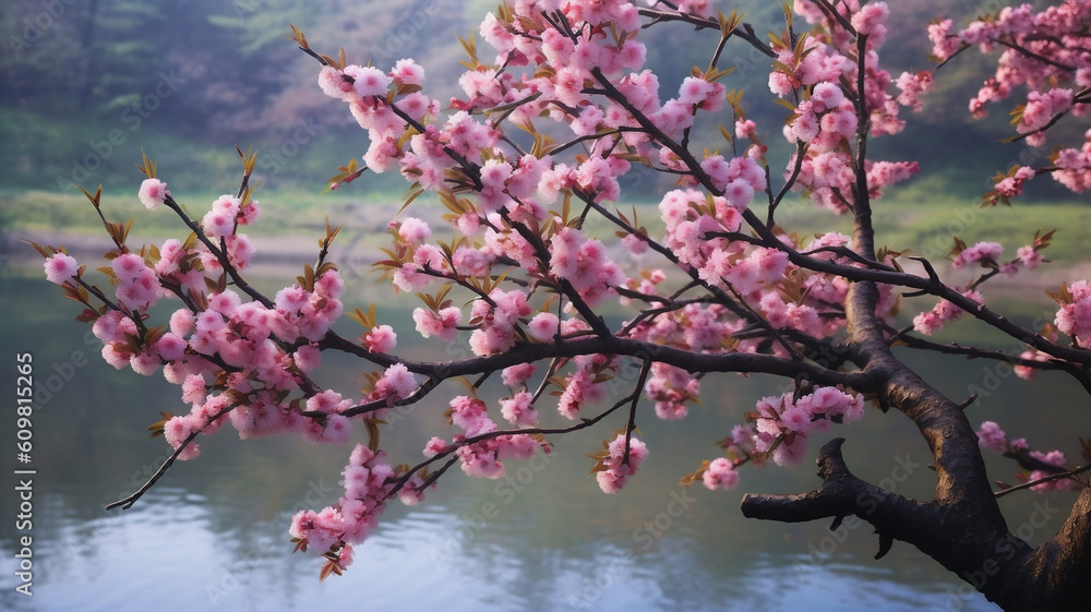 Fototapeta premium Captivating Macro Shot of pink ume blossom japanese plum Tree Branch. Generative AI