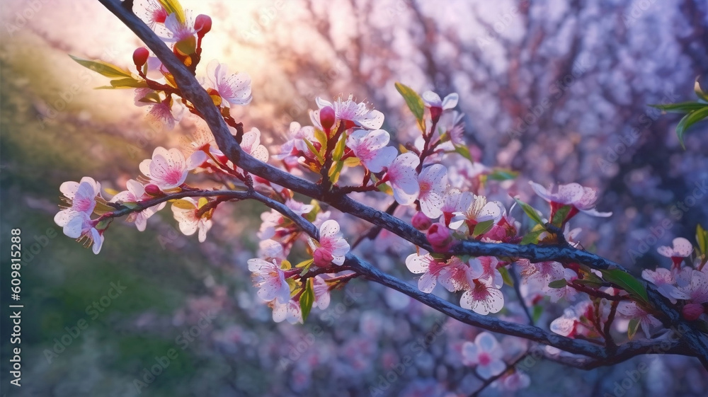 Macro Cherry Blossom Tree Branch with Spring Blossom Flower in Bokeh Background. Generative AI