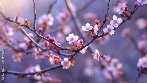 Macro Cherry Blossom Tree Branch with Spring Blossom Flower in Bokeh Background. Generative AI