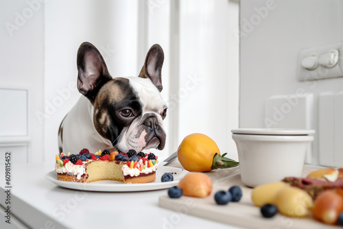 French Bulldog dog with fruit cake on table. Generative AI illustration © Firn